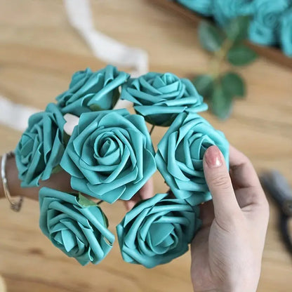 25pcs Teal Green Artificial Roses with Flexible Stems