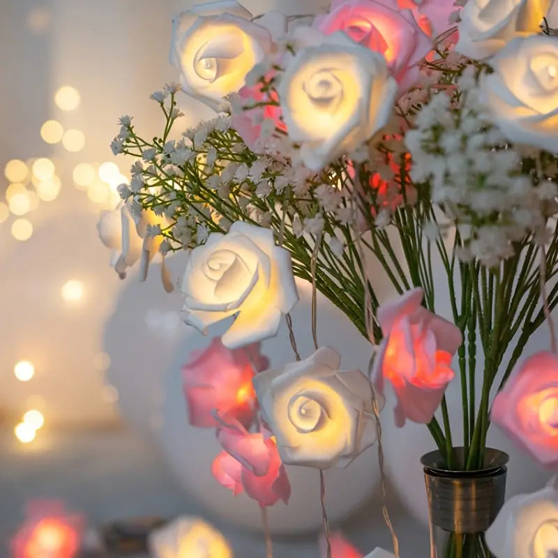 LED Foam Rose Flower String Lights - Touch-Controlled Small Lantern (Pink & White)