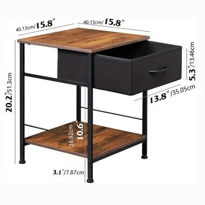 Rustic Black Metal Nightstand with Fabric Drawer