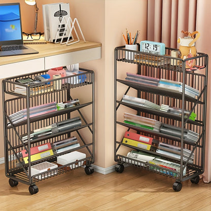 Office Bookshelf with Wheels and Storage Basket