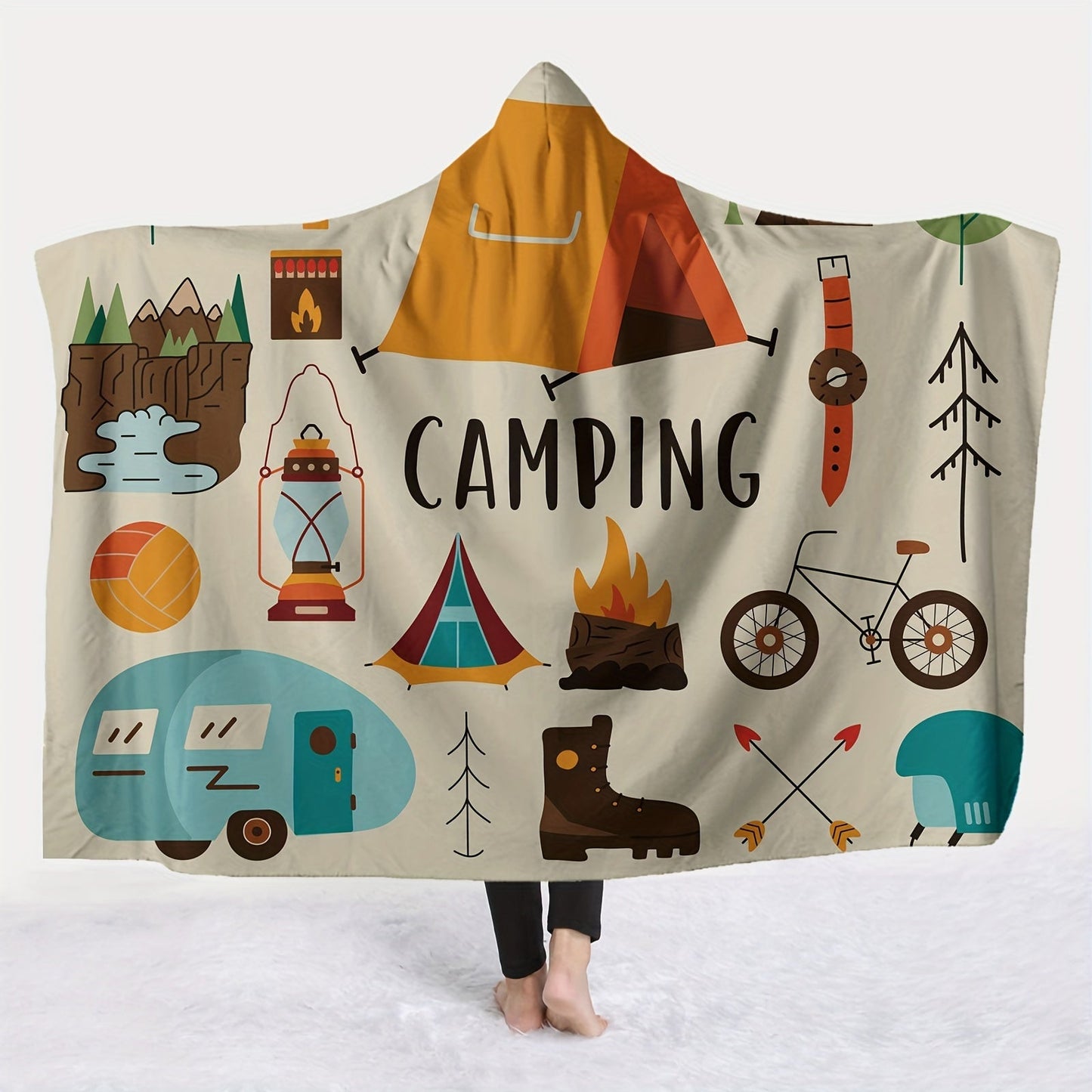 Camping Print Hooded Blanket Cape