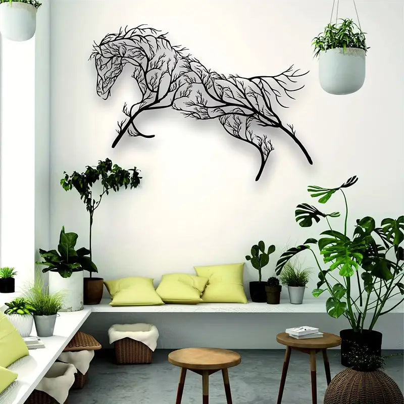 Iron Horse Branch Wall Decoration - Elegant Metal Animal Silhouette Craft