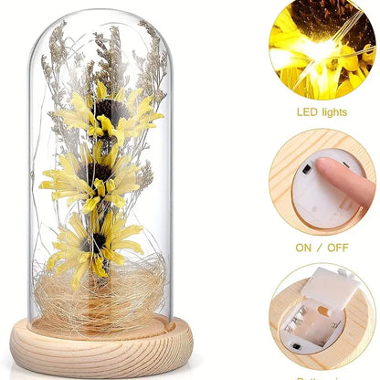Radiant Christmas Joy: LED-Lit Artificial Sunflower in Glass Dom