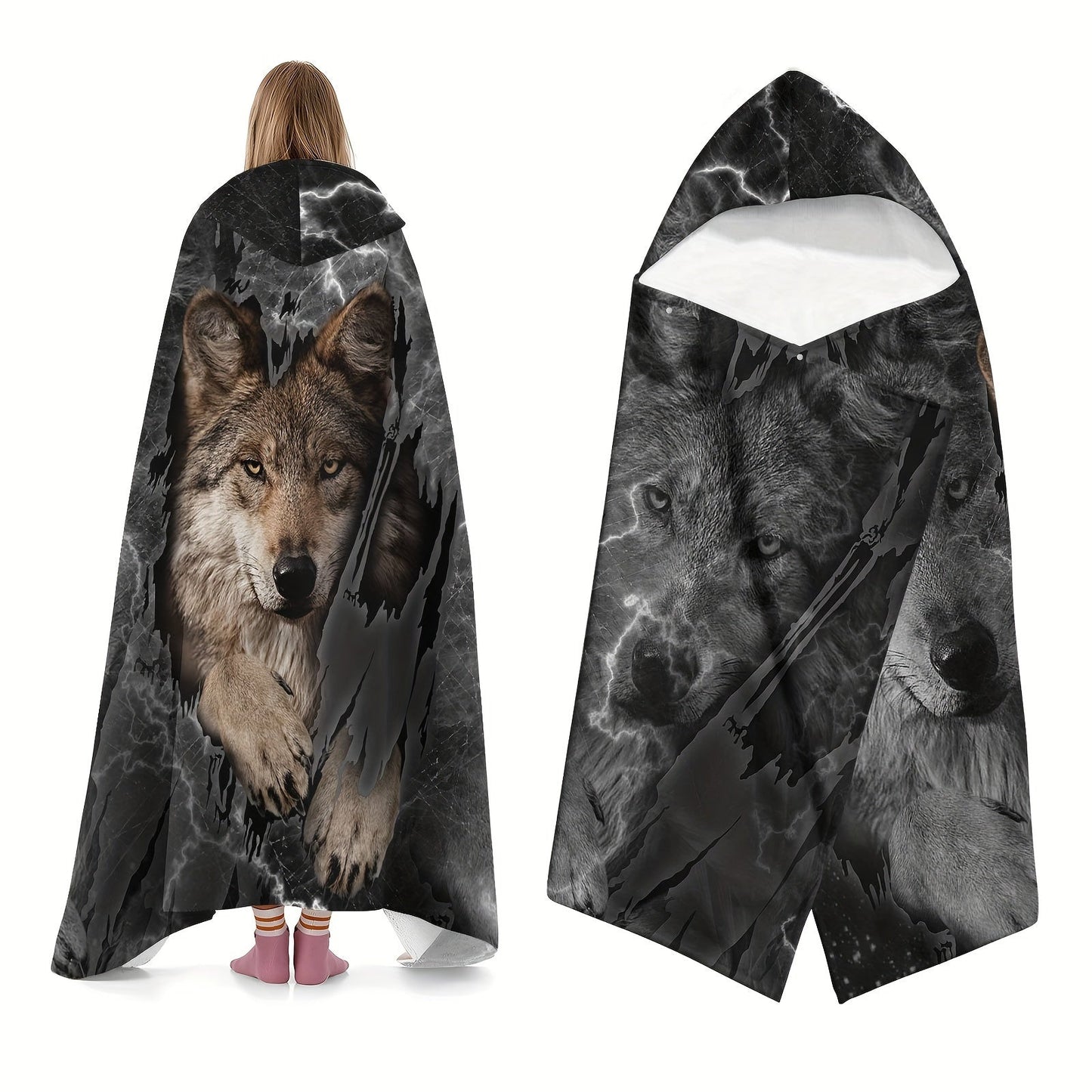 Wolf Pattern Wearable Hat Blanket Flannel