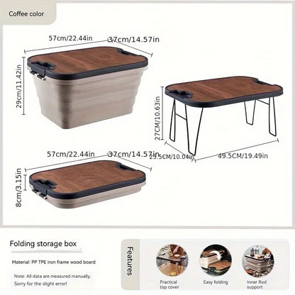 1 Set Outdoor Camping Folding Storage Box with Wooden Lid - Coffee Color