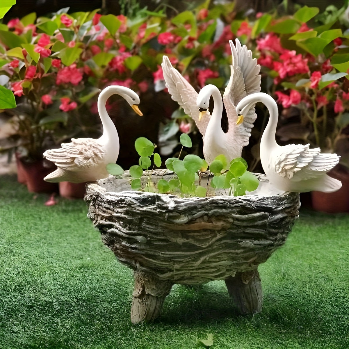 Swan Resin Flower Pot with Rattan Accent