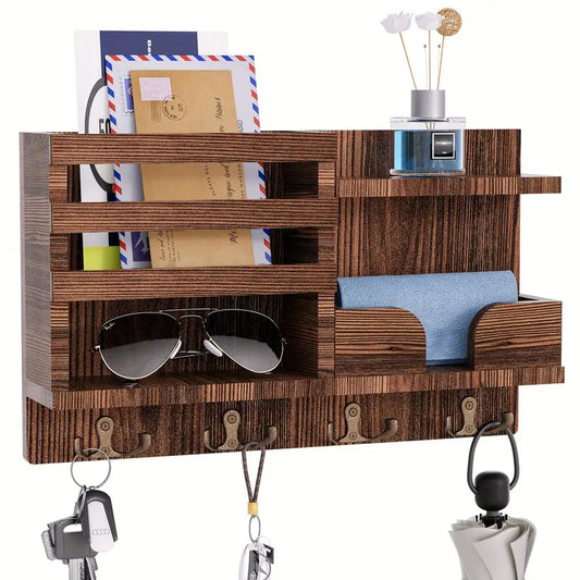 Traditional Wooden Wall-Mounted Storage Shelf with Hooks