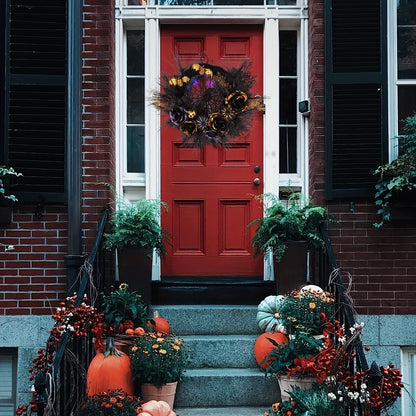 Halloween Wreath Spider Web Pumpkin Flowers Front Door