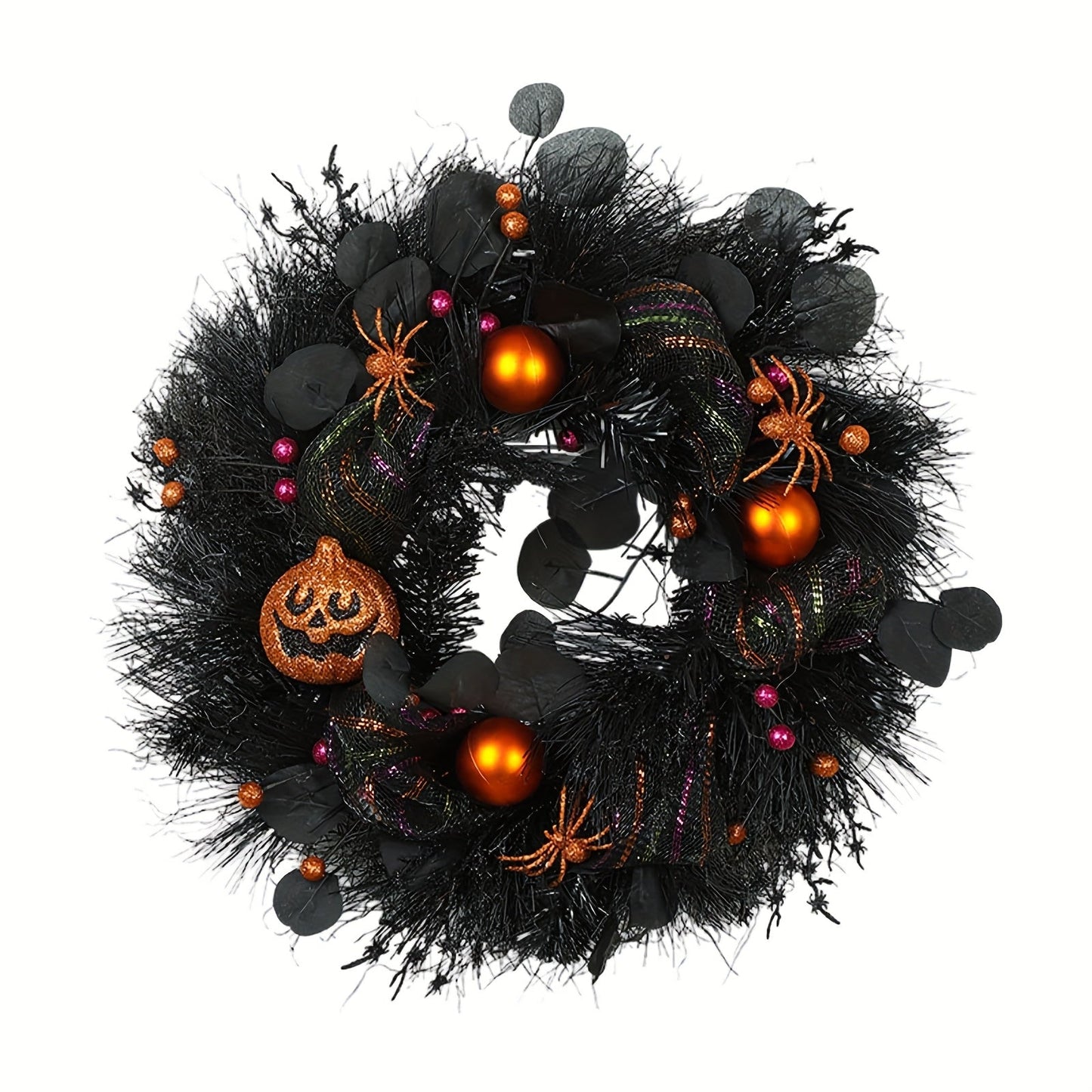 Halloween Black Wreath with Pumpkin Skull
