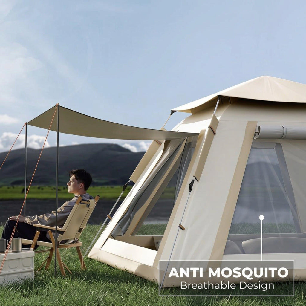 4-Person Instant Camping Tent with Porch Off-White Pop-Up Tent