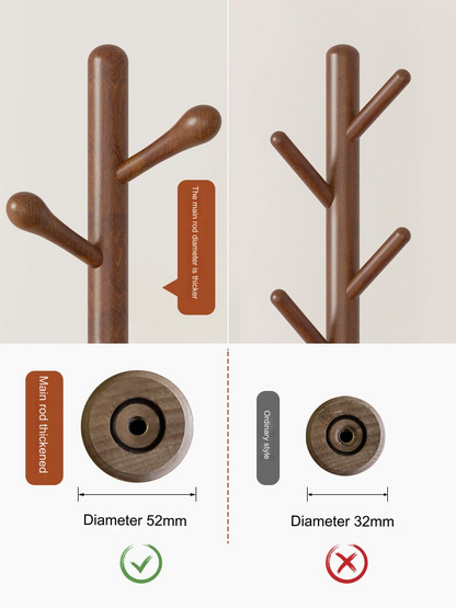 Solid Walnut Wood Floor Coat Rack - 10 Hooks