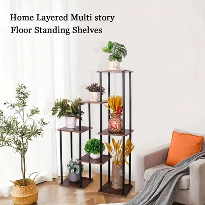 7-Story Indoor Floor Standing Flower Rack - Black Frame Coffee Board