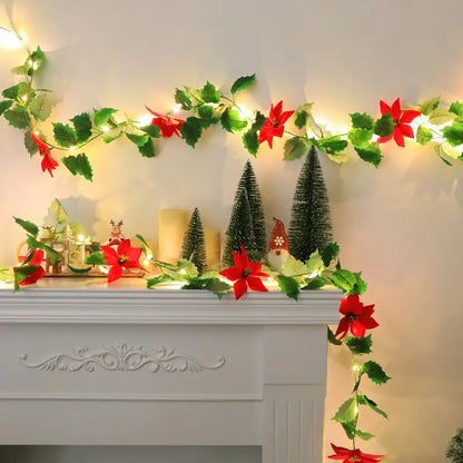 LED Lighted Christmas Red Flower Rattan Decoration - Battery Operated