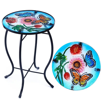 Terrance Floral Patio Side Table - Small Outdoor Glass End Table