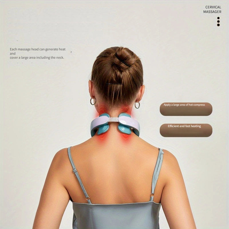 USB Rechargeable Neck & Head Massager - Luxury 4-Head Heating Massager(Blue)