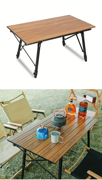 Outdoor Folding Aluminum Alloy Table - Large Wood Grain, Tripod Base