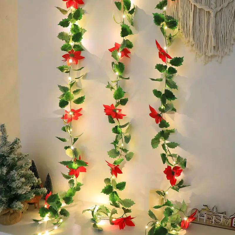 LED Lighted Christmas Red Flower Rattan Decoration - Battery Operated