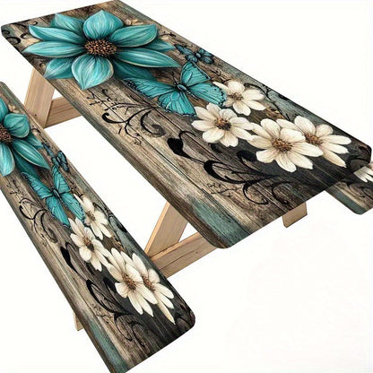 3pcs Striped Polyester Elastic Picnic Table Cover Set