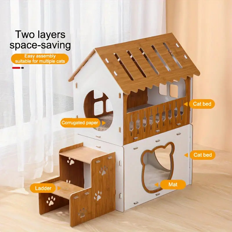 Villa-Style Cat Scratcher Cardboard House - Plaid Pattern