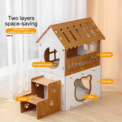 Villa-Style Cat Scratcher Cardboard House - Plaid Pattern