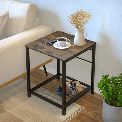 2-Tier End Table Nightstand with Storage Shelf - Rustic Brown+Black