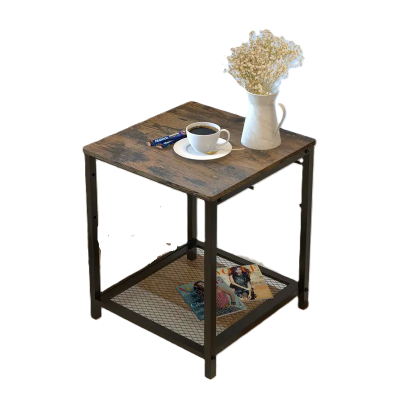 2-Tier End Table Nightstand with Storage Shelf - Rustic Brown+Black
