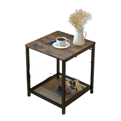 2-Tier End Table Nightstand with Storage Shelf - Rustic Brown+Black