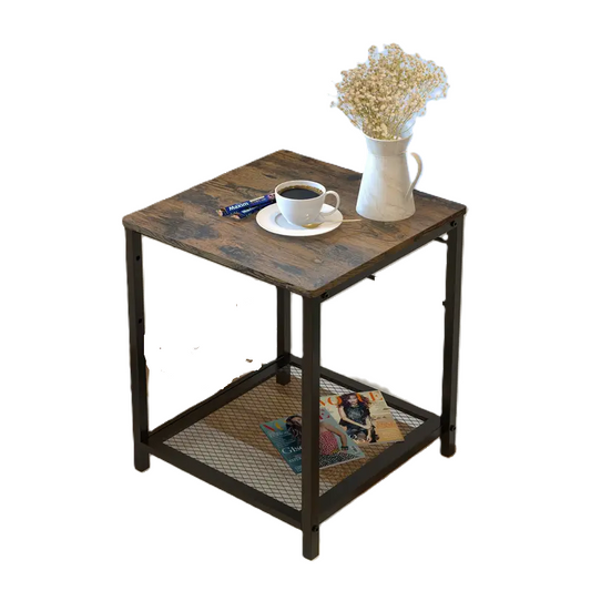 2-Tier End Table Nightstand with Storage Shelf - Rustic Brown+Black