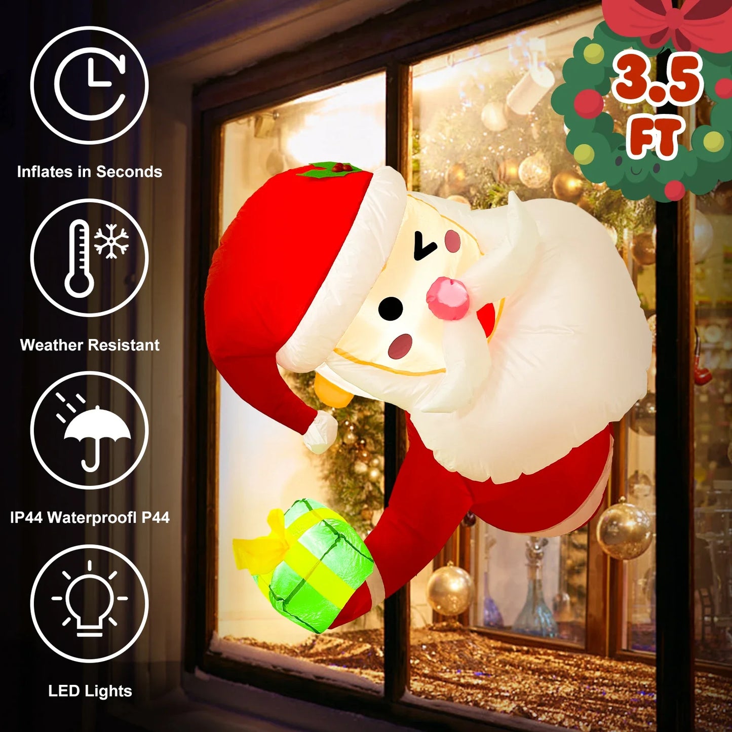 3.5Ft Christmas Inflatable Santa Claus Leaning Out from Window
