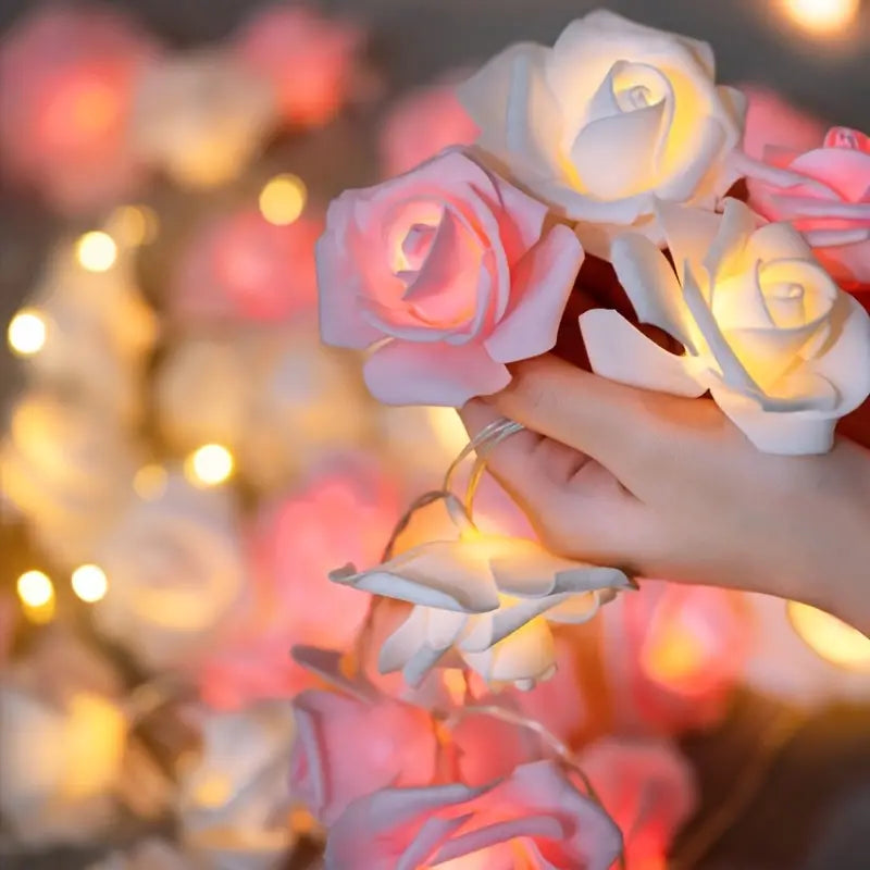 LED Foam Rose Flower String Lights - Touch-Controlled Small Lantern (Pink & White)