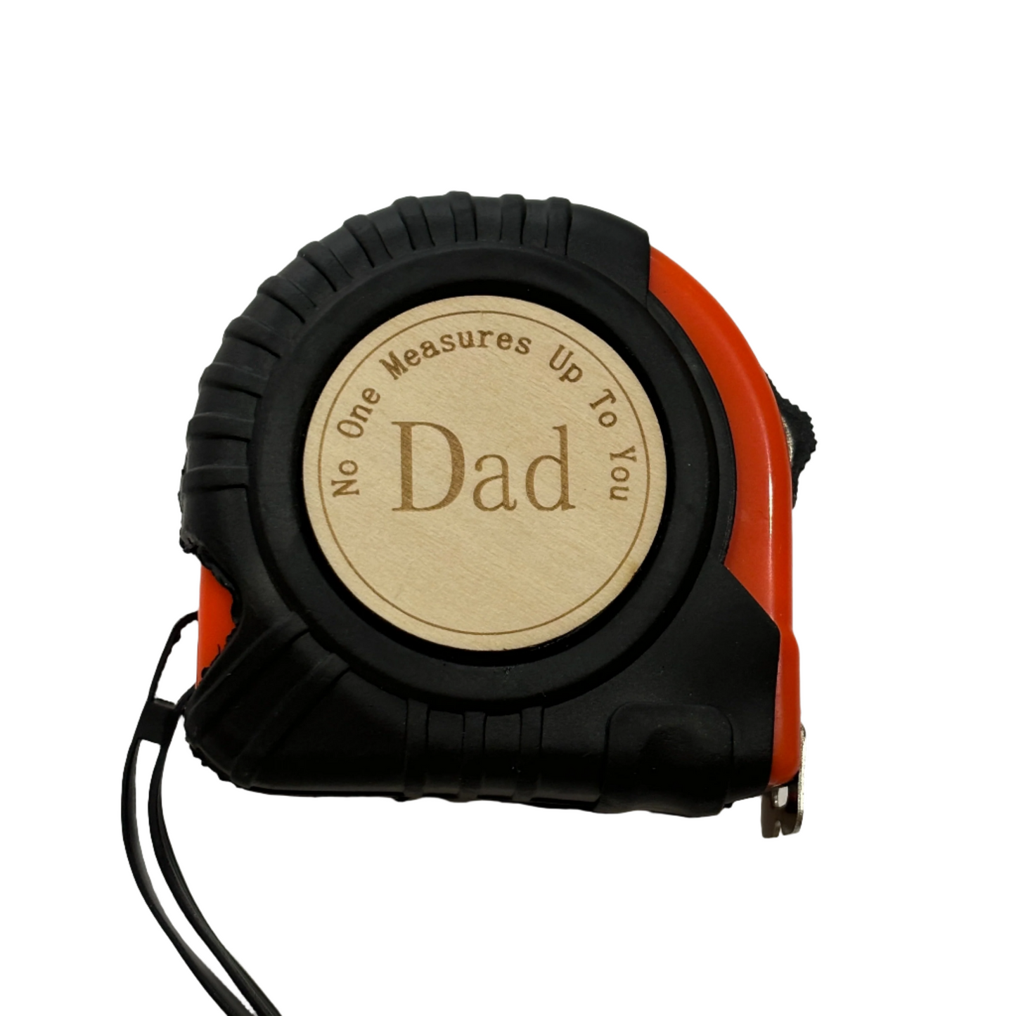 Unique 'No One Measures Up' Wooden Tape Measure – Orange Metal Lock