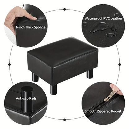 Small Wooden Leg Ottoman: Black PU Faux Leather Footrest