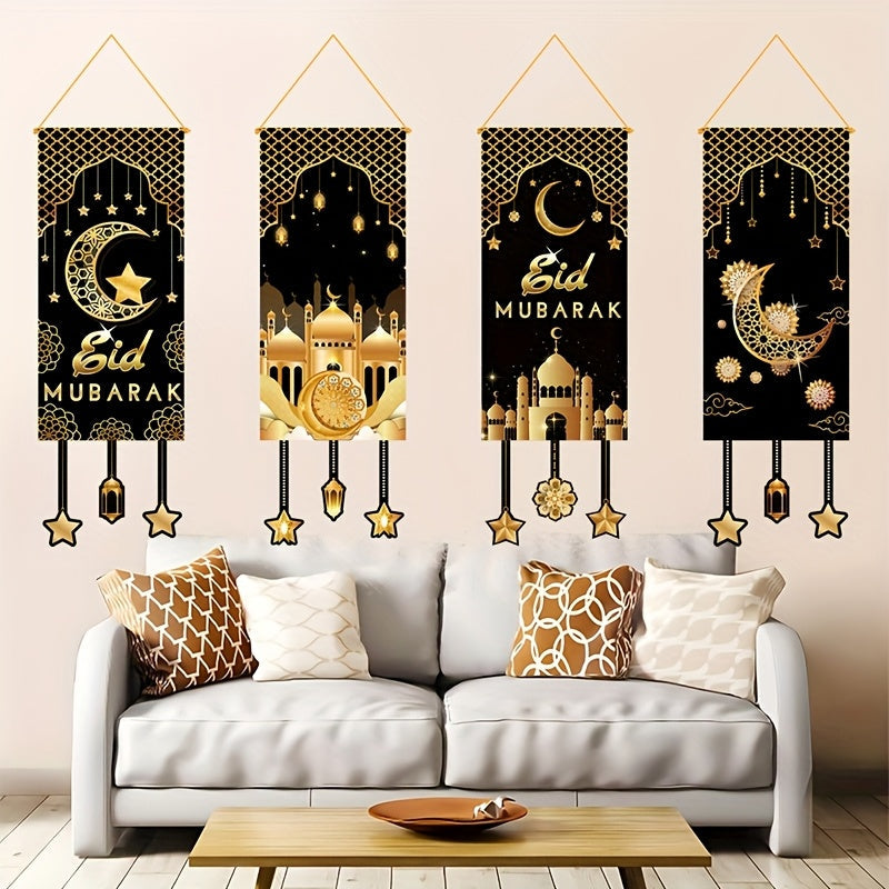 4pcs Black Golden Moon Islamic Hanging Flags