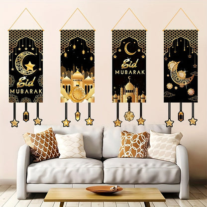 4pcs Black Golden Moon Islamic Hanging Flags