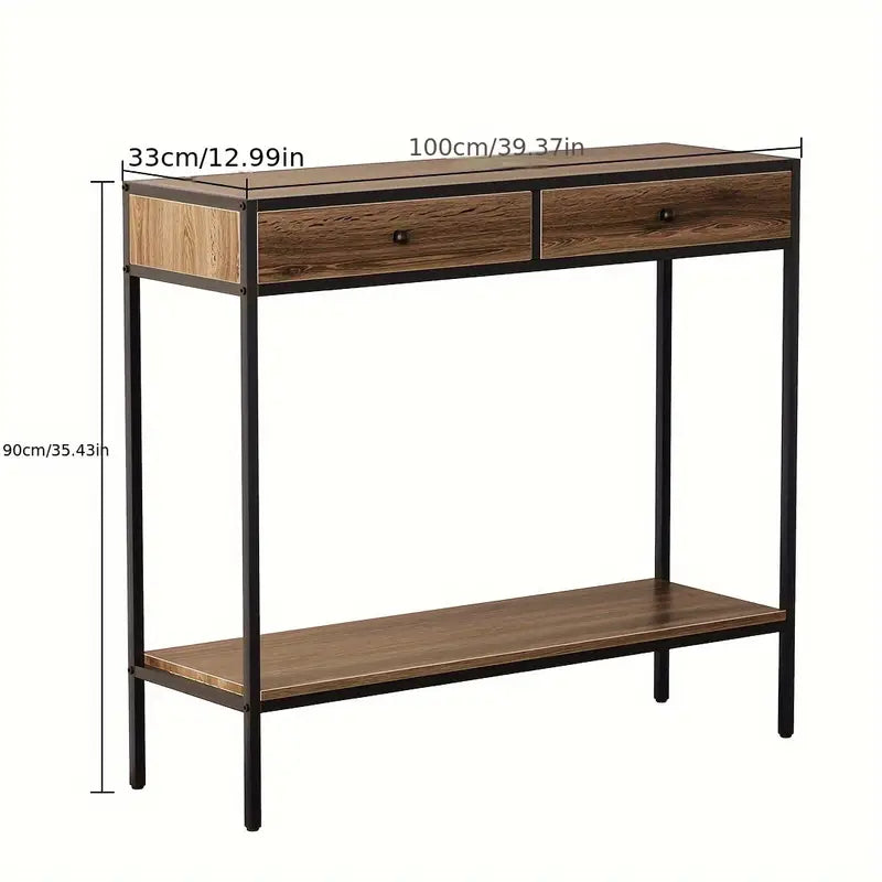 Brown Rectangular Living Room Entryway Table with Shelf and Two Drawers