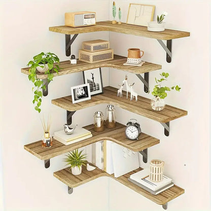 Set of 5 Rustic Wooden Corner Floating Shelves - Wall Mounted Storage Racks