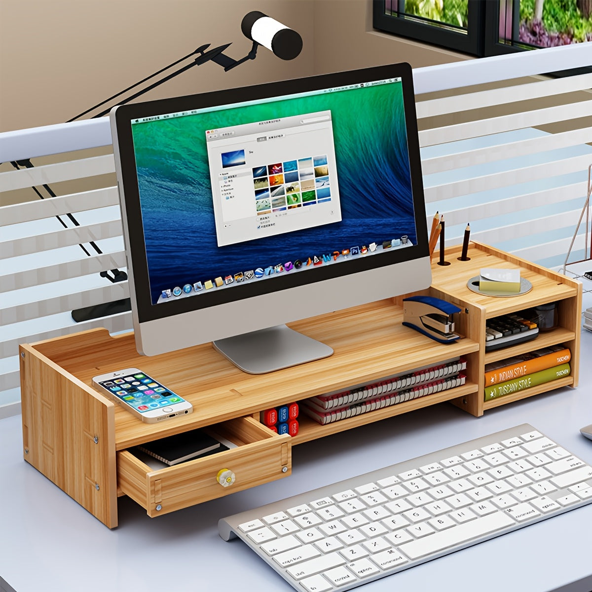 Wood Monitor Stand with Drawer & Keyboard Tray