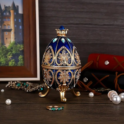 Enameled Faberge Egg Style Jewelry Box - Dark Blue