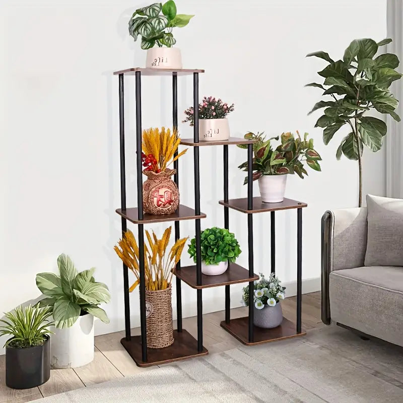 7-Story Indoor Floor Standing Flower Rack - Black Frame Coffee Board