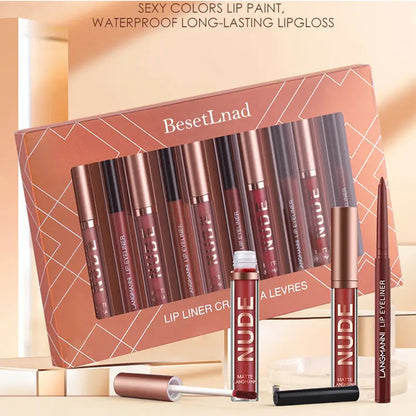 12 Matte  Velvet Nude Liquid Lipstick + Lip Liner Set Lip Gloss