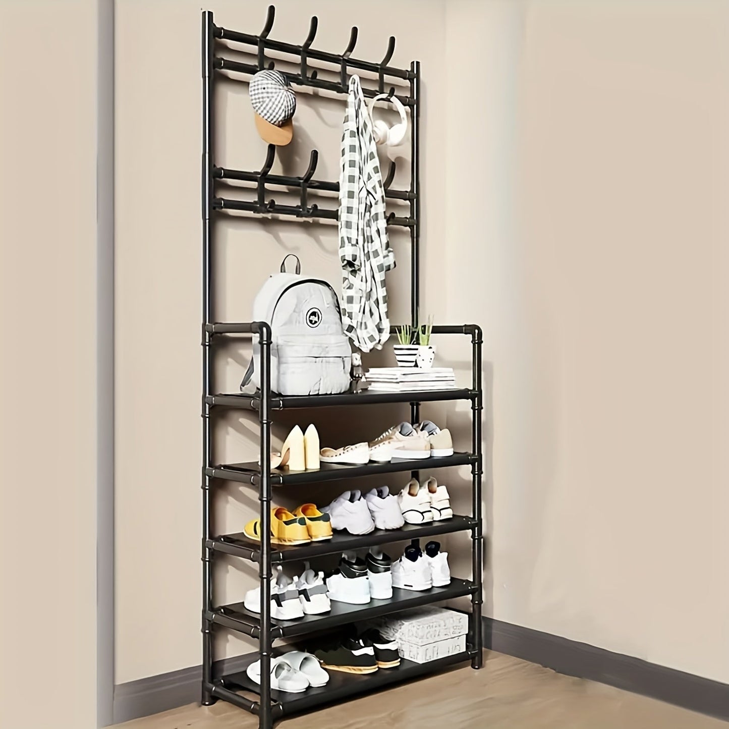Stainless Steel Coat & Shoe Rack (8-Hook 4-Tier)