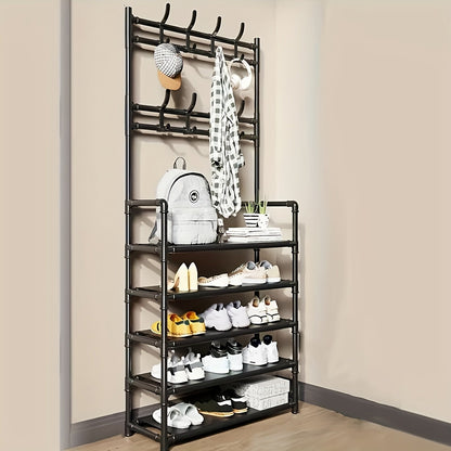 Stainless Steel Coat & Shoe Rack (8-Hook 4-Tier)