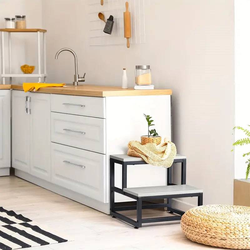 Heavy Duty 2-Step Steel and Wooden Step Stool - Grey