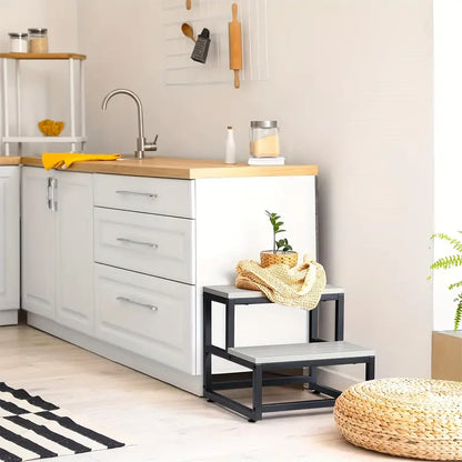 Heavy Duty 2-Step Steel and Wooden Step Stool - Grey