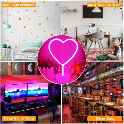 Neon Heart Light: LED Neon Signs Night Light(Pink) - Heart-Shaped Light with Holder Base