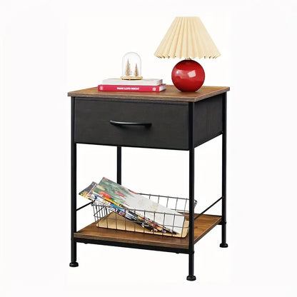 Rustic Black Metal Nightstand with Fabric Drawer