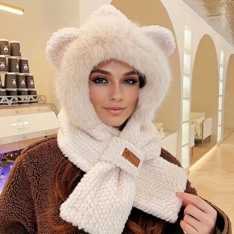 Winter White Cartoon Knitted Hat Scarf with Ear Warmer Toggle Closure