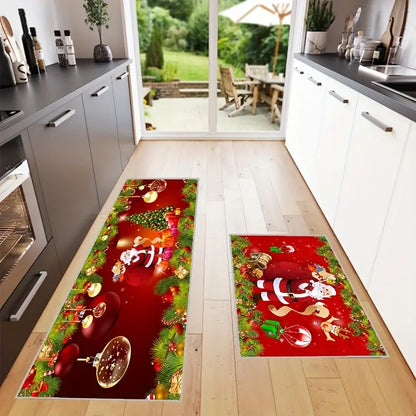 Add Festive Cheer with 2pcs Red Santa Claus Kitchen Mat Set