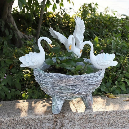 Swan Resin Flower Pot with Rattan Accent