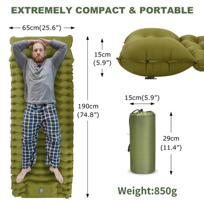 Ultimate Green Comfort Outdoor Inflatable Camping Mattress with Built-in Pillow